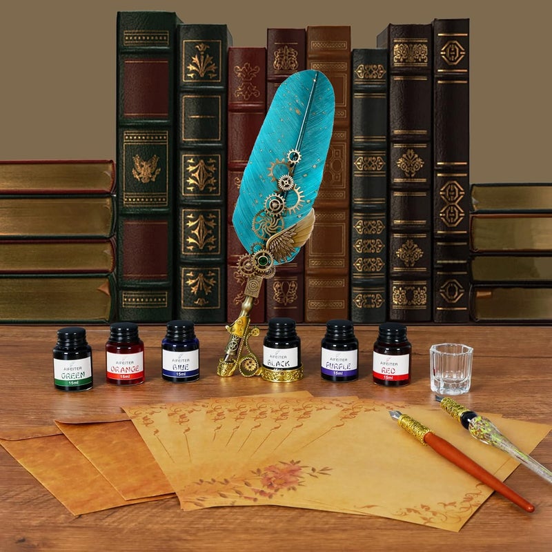 Aifeiter Quill Pen Feather Calligraphy Pen and Ink Set,Wax Seal Stamp Set,includes Quill Pen,Glass Dipping Pen,Wooden Dipping Pen,6 Bottles of Ink,8 Sheets of Writing Paper,Envelope-Green - Image 3